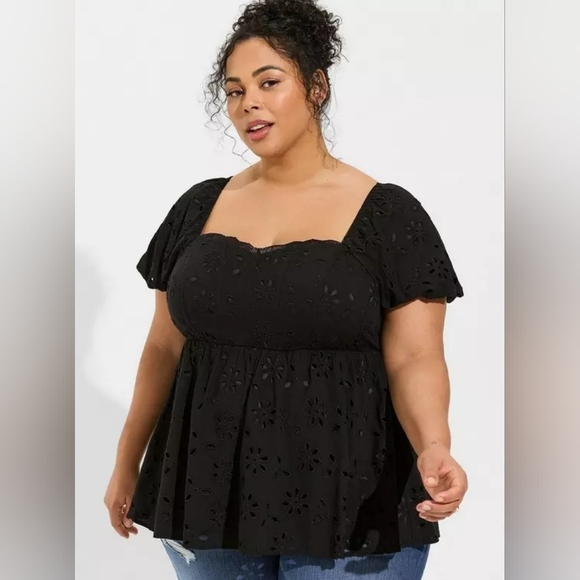 torrid Tops - NWT TORRID Babydoll Eyelet Challis Black Short Sleeve Blouse Size 1X 14-16